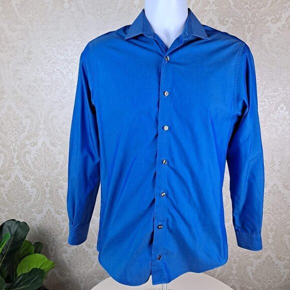 Kenneth Cole Reaction Size 14.5/32-33 Slim Fit Blue Button Down Shirt EUC - Picture 1 of 10